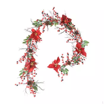 1.8m Artificial Rattan Christmas Wreath Reusable Wall Hanging for Indoor Party Living Room Red Berry