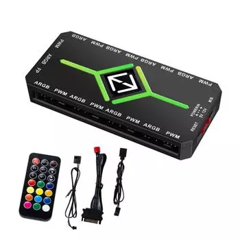 - 1-9 3 в 1 PWM ARGB Fan Hub Splitter Магнитный присосочный концентратор с пультом дистанционного управления(черный
