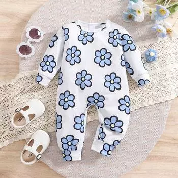 1-9 месяцев Детский комбинезон с цветочным принтом для девочек, повседневный комбинезон с длинными рукавами, боди 1-3M синий
