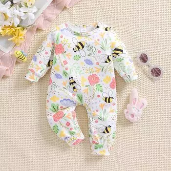 1-9 месяцев девочка очаровательный цветок пчела полный принт комбинезон повседневный длинный рукав комбинезон 1-3M