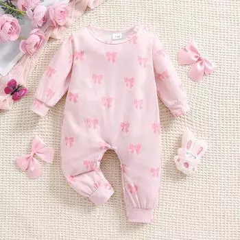 1-9 месяцев для девочек, милый комбинезон с бантом и принтом, повседневный комбинезон с длинными рукавами 1-3M