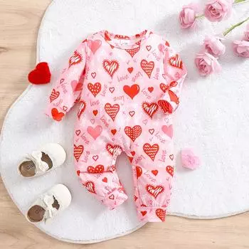 1-9 месяцев Милый комбинезон с сердечками и надписями «Любовь» для девочки, повседневный комбинезон с длинными рукавами 1-3M