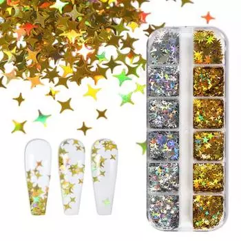 1 Box Nail Sequins Sparkling Creative Shape Shiny Visual Effect Ultra-Thin Non-Fading 12 Grids Star Moon Style Glitter Flakes Ornament for Nail Salon разноцветный