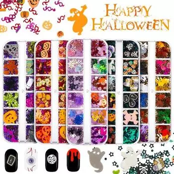 1 Box Nail Sequins Ultra-Thin Exquisite Shapes Vivid Color Multipurpose Easy to Apply Decorative Multiple Styles Colorful Halloween Pumpkin Witch Nail H