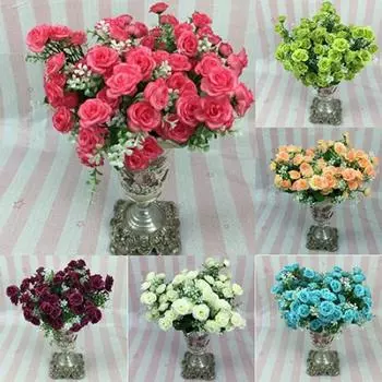 1 букет, 5 веток, 15 головок, искусственная роза, свадебный домашний декор, цветок из искусственного шелка зелёный