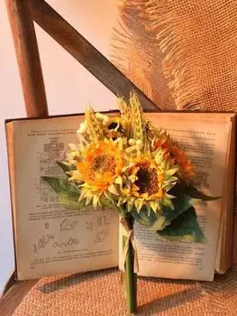1 букет искусственных цветов, искусственные подсолнухи, шелковые цветы, ручной работы, букет для украшения домашней свадебной вечеринки жёлтый