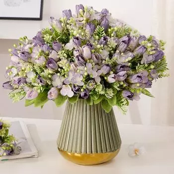 1 букет искусственных магнолий, цветы мини-тюльпанов с длинным стеблем и листьями, искусственные цветы для домашнего декора, свадебных украшений бежевый