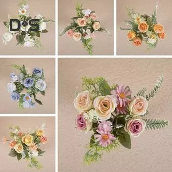 1 букет, красочный искусственный цветок, не засохший, полезный, искусственный цветок розы, гортензия с искусственными зелеными листьями розовый