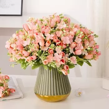 1 букет мини-тюльпанов, искусственные цветы, букет магнолий, цветок с длинным стеблем и листьями, искусственные цветы для домашнего декора, свадебных украшений бежевый