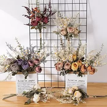 1 Букет Винтажный Шелковый Букет Роз Невеста Держит Поддельный Цветок Искусственные Цветы Ретро светло-фиолетовый