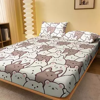 1 Cartoon Cute Animal Bear Printed Matte Fitted Sheet, Bedroom Printed Bed Cover, Bedding (Excluding Pillowcases) 71x132cm