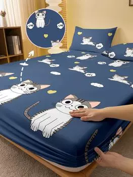 1 Cartoon Cute Animal Cat Printed Matte Fitted Sheet, Bedroom Printed Bed Cover, Bedding (Excluding Pillowcases) 71x132cm