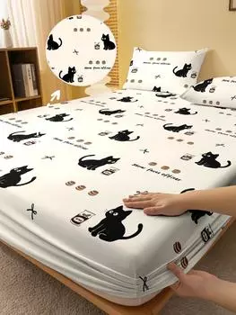 1 Cartoon Cute Animal Cat Printed Matte Fitted Sheet, Bedroom Printed Bed Cover, Bedding (Excluding Pillowcases) 71x132cm