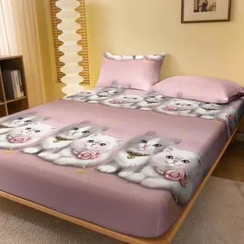 1 Cartoon Cute Animal Cat Printed Matte Fitted Sheet, Bedroom Printed Bed Cover, Bedding (Excluding Pillowcases) 71x132cm