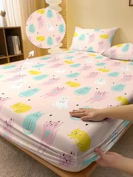 1 Cartoon Cute Animal Cat Printed Matte Fitted Sheet, Bedroom Printed Bed Cover, Bedding (Excluding Pillowcases) 71x132cm