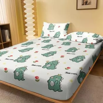 1 Cartoon Cute Animal Dinosaur Printed Matte Fitted Sheet, Bedroom Printed Bed Cover, Bedding (Excluding Pillowcases) 71x132cm