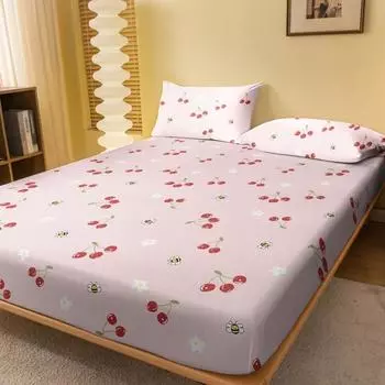 1 Cartoon Cute Fruit Cherry Bee Printed Matte Fitted Sheet, Bedroom Printed Bed Cover, Bedding (Excluding Pillowcases) 71x132cm