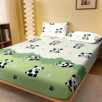1 Cartoon Cute Plant Flower Panda Printed Matte Fitted Sheet, Bedroom Printed Bed Cover, Bedding (Excluding Pillowcases) 71x132cm