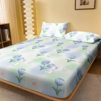 1 Cartoon Cute Plant Flower Rabbit Printed Matte Fitted Sheet, Bedroom Printed Bed Cover, Bedding (Excluding Pillowcases) 71x132cm
