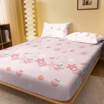 1 Cartoon Cute Plant Flower Rabbit Printed Matte Fitted Sheet, Bedroom Printed Bed Cover, Bedding (Excluding Pillowcases) 71x132cm
