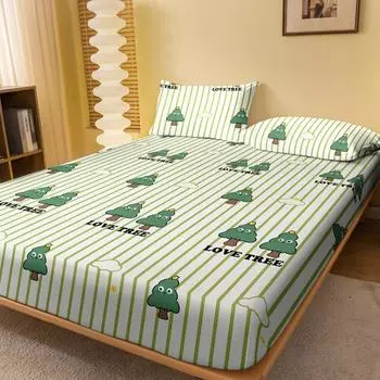 1 Cartoon Cute Plant Flower Tree Printed Matte Fitted Sheet, Bedroom Printed Bed Cover, Bedding (Excluding Pillowcases) 71x132cm