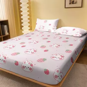 1 Cartoon Cute Plant Strawberry Rabbit Printed Matte Fitted Sheet, Bedroom Printed Bed Cover, Bedding (Excluding Pillowcases) 71x132cm