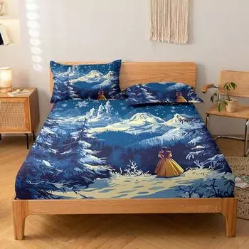 1 Cartoon Cute Snow Scene Pattern Digital Printed Frosted Fitted Sheet,Bedroom Printed Bed Cover,Bedding(No Pillowcase) 99x190cm