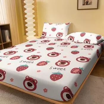 1 Cartoon Cute Strawberry Bear Pattern Digital Printed Frosted Fitted Sheett,Bedroom Printed Bed Cover,Bedding(No Pillowcase) 71x132cm