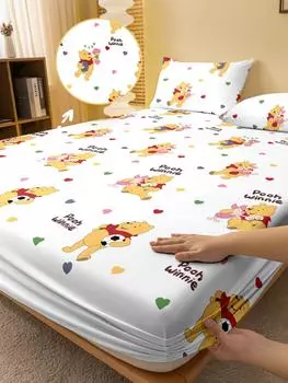 1 Cartoon Cute Winnie And Piggy Digital Printed Frosted Fitted Sheet,Bedroom Printed Bed Cover,Bedding(No Pillowcase) 71x132cm
