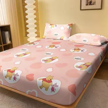 1 Cartoon Cute Winnie Piggy Pijie Pattern Twill Matte Fitted Sheet,Bedroom Printed Bed Cover,Bedding(No Pillowcase) 71x132cm