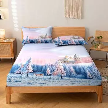 1 Cartoon Cute Winter Castle Pattern Digital Printed Frosted Fitted Sheet,Bedroom Printed Bed Cover,Bedding(No Pillowcase) 99x190cm