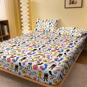 1 Cartoon Fun Animal Printed Matte Fitted Sheet, Bedroom Printed Bed Cover, Bedding (Excluding Pillowcases) 71x132cm