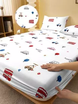 1 Cartoon Fun Car Printed Matte Fitted Sheet, Bedroom Printed Bed Cover, Bedding (Excluding Pillowcases) 71x132cm