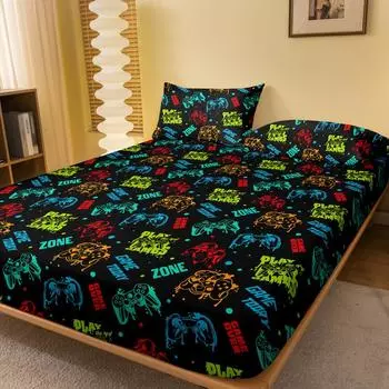 1 Cartoon Fun Game Printed Matte Fitted Sheet, Bedroom Printed Bed Cover, Bedding (Excluding Pillowcases) 71x132cm