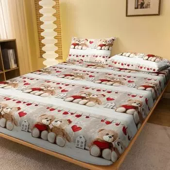 1 Cartoon Fun Heart-Shaped Printed Matte Fitted Sheet, Bedroom Printed Bed Cover, Bedding (Excluding Pillowcases) 71x132cm