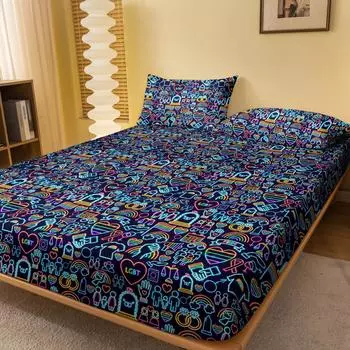 1 Cartoon Fun Printed Matte Fitted Sheet, Bedroom Printed Bed Cover, Bedding (Excluding Pillowcases) 71x132cm