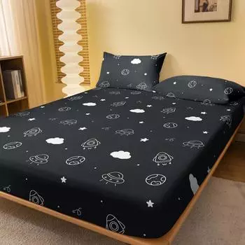 1 Cartoon Fun Rocket Printed Matte Fitted Sheet, Bedroom Printed Bed Cover, Bedding (Excluding Pillowcases) 71x132cm