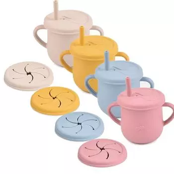 1 чашка с 2 крышками, силиконовые чашки-непроливайки, чашка для закусок, детская тренировочная чашка, пищевая силиконовая герметичная соломинка, чашка для кормления, посуда для напитков
