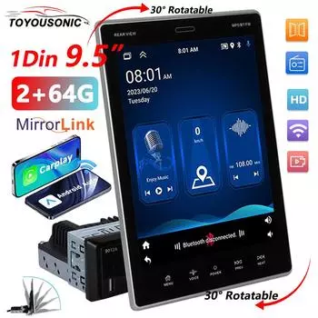 1 Din Car Radio 9.5inch 2-64G вращающийся Mirror Link сенсорный экран Carplay Android Auto HD WIFI мультимедийный видеоплеер 2-64GB