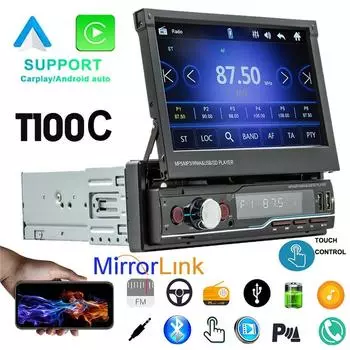 1 Din Carplay Радио Автомобильная аудиосистема Android-Auto Bluetooth Стереоприемник Mirrorlink MP5 Dual USB 7 Головное устройство с сенсорным экраном T100C чёрный