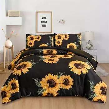 1 Duvet Cover 2 Pillowcases 3D floral Duvet Cover Size for Women Yellow Flowers Bedding Set Sunflower Pattern Decor EUsingle135x200cm