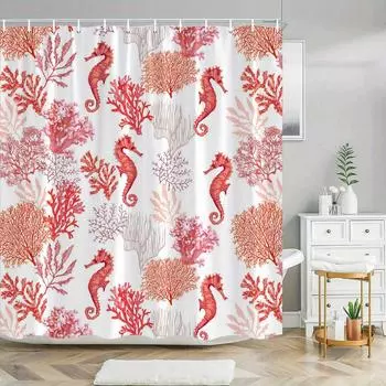 1 Exotic Sea Life Shower Curtain, Vibrant Red Sea Horse and Coral Pattern, Polyester, Machine Washable, Suitable for Bathroom 90X180cm