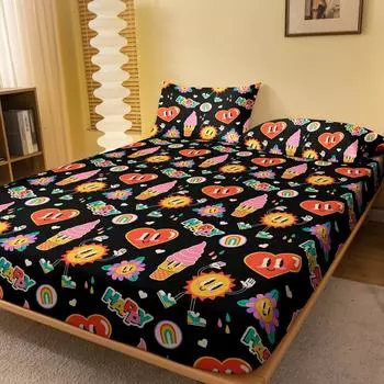 1 Fashionable Cartoon Fun Printed Matte Bed Sheet, Bedroom Printed Bed Cover, Bedding (Excluding Pillowcases) 71x132cm