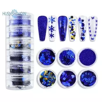 1 флакон блесток для ногтей, сверкающие зимние синие снежинки, потрясающие изысканные поделки для дизайна ногтей с блестками синий