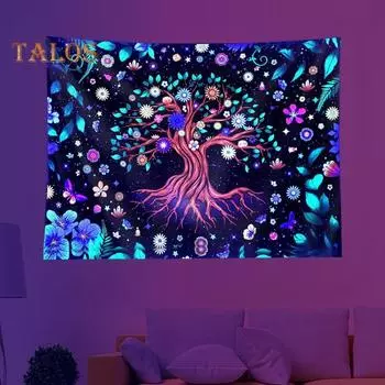 1 компл. гобелен с большим деревом, светящийся в темноте, черный УФ-свет, реактивный прямоугольник, моющийся, гостиная, спальня, настенное искусство, тематический фон с природными растениями S