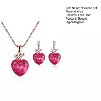 1 компл., комплект ожерелья и сережек для невесты, розовые стразы, подвеска в форме сердца любви, элегантные роскошные гипоаллергенные серьги-гвоздики для женщин и девочек, свадебные украшения, подарок розовый