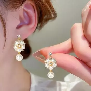 1 компл. комплект серег для ожерелья невесты из искусственного жемчуга с цветком и стразами, элегантное роскошное гипоаллергенное ожерелье для женщин и девочек, висячие серьги, свадебные украшения, подарок золотистый