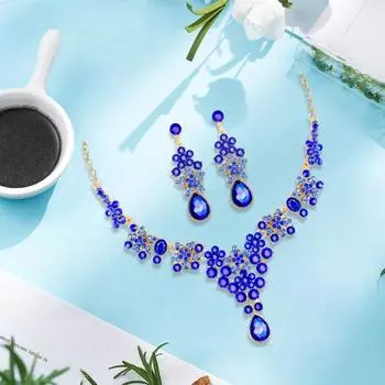 1 компл. комплект ювелирных изделий для невесты из искусственного кристалла, симметричное роскошное ожерелье, висячие серьги, вечерние, свадебные, висячие серьги, комплект ушей, украшения для шеи, ювелирные изделия синий