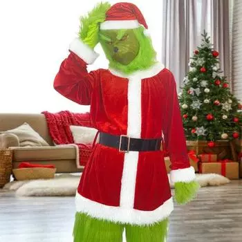 1 компл. Рождественский костюм Санта-Клауса с красной шляпой, маской и перчатками, зеленые волосы, монстры, забавное карнавальное вечернее платье, Хэллоуин, Рождество, косплей XL зелёный