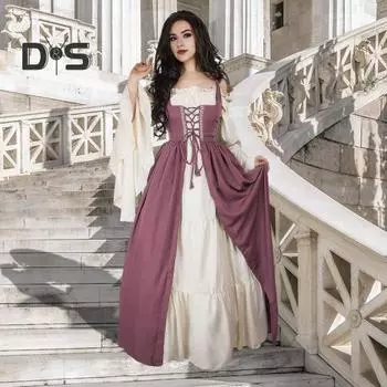 1 компл. женское платье с гофрированной кромкой и квадратным вырезом с узкой талией и струящимися рукавами на шнуровке в стиле пэчворк, винтажный ренессансный средневековый суд, верный костюм на Хэллоуин M синий